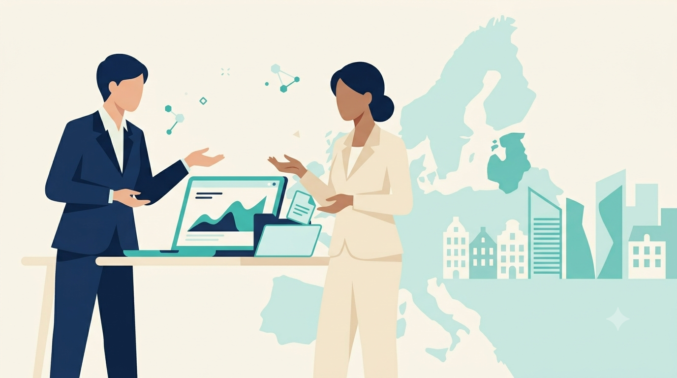 Two compliance professionals reviewing candidate data, with a map of the EU behind them